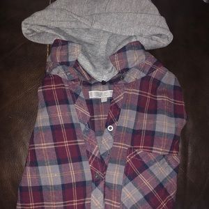Burgundy Plaid Hooded Button-down